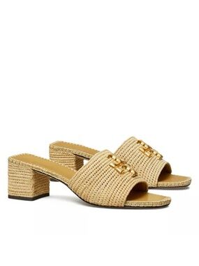 Tory Burch / 9 / Woven Beige Raffia Block Heel Slide Sandals w Gold Logo Detail